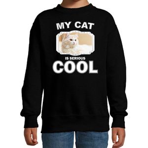 Witte kat katten trui / sweater my cat is serious cool zwart - kinderen - katten / poezen liefhebber cadeau sweaters - kinderkleding / kleding 122/128