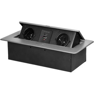 Stekkerdoos met USB - Pop up stekkerblok met 2 stopcontacten en 2 USB - Inbouw Verdeelstekker met RVS afwerking - Stekkerblok zonder kabel - voor max. 3680 Watt - Penaarde - Zilver