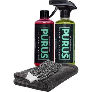 PURUS Quick Wash Kit l Super Wash Rim Cleaner Washandschoen Droogdoek - Voor Auto & Motor - Auto wassen - Autoshampoo - Velgenreiniger