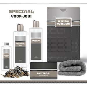 Geschenkset ""Speciaal voor jou!"" - 5 Producten - 920 Gram | Giftset voor hem - Luxe cadeaubox man - Douchegel - Shampoo - Bodycrème - Scrubzout - Vaderdag - Verjaardag - Wellness - Pakket - Cadeau set - Broer - Vriend - Collega - Antraciet - Zilver