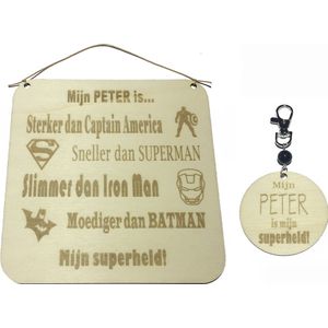 Sleutelhanger en tekstbord mijn Peter is...| SUPERHELDEN | zwart| liefste peter | coolste peter | peter vragen | peter worden