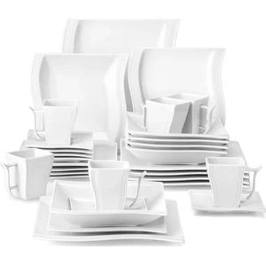 Servies - Serviesset - 30-delig - voor 6/12 Personen - Inc. Vierkante Borden - Soepborden - Kopjes - Schotels - Minimalistisch Stijl - Duurzaam - Wit Porselein