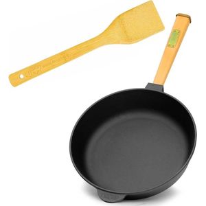 Cast Iron Frying Pan with Removable Wooden Handle and Spatula, 58mm high, 24 cm, High Rim