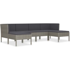 vidaXL Loungeset 6-delig - Poly Rattan - Grijs Loungeset - Tuinset - Buitenmeubilair - Pe-rattan - Grijze Loungestoel