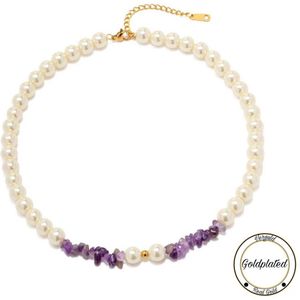 Soraro Pearl Amethist Ketting | Goldplated | Parel | Amethist Steen | Soraro Dames Ketting | Elegante Ketting | Vrouwen Sieraden