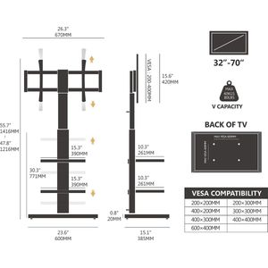 TV-standaard vloer 1.42m met hout voet voor 32-43 55 65 70 75 inch, 60° draaibaar & 6 hoogte verstelbaar white TV stand floor universal, vloerstandaard tall Max VESA 600x400mm Wit