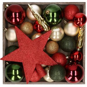 Kerstballen set - 45x st - met ster piek - groen,creme,rood - kunststof