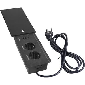 4-in-1 tafelstopcontact met 2 USB A en 1 Type-C - aluminium tafelblad schuifdeksel verzonken stopcontact met 17 m kabel voor bureau vergaderruimte (19 x 10 x 55 cm)