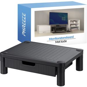 Relaxdays monitorstandaard met opbergruimte, 2 lades, voor bureau, HxBxD: 12 x 56 x 27 cm, bamboe & MDF, wit/natuur