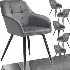 tectake® Gestoffeerde stoel - Eetkamerstoelen - Fluweellook - Stikpatroon - Gecapitonneerd - Kuipstoel - Kaptafelstoel - Set van 6 stoelen - div. kleuren - Grijs/zwart