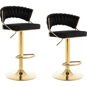 FURNIBELLA - Barkruk Set van 2 – In Hoogte Verstelbare Barstoelen met 360° Draai, Gevlochten Rugleuning, Fluwelen Zitting, Zwart