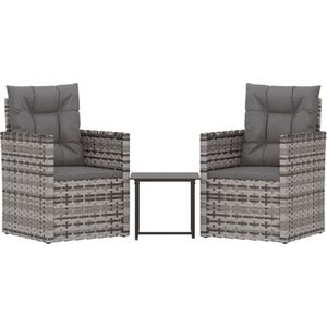 vidaXL - 3-delige - Loungeset - met - kussens - poly - rattan - grijs