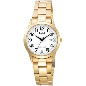 Q&Q C31A-002PY - Horloge - Analoog - Dames - Vrouwen - stalen band - Rond - Metaal - Cijfers - Datumaanduiding - Goudkleurig - Wit - 3 ATM