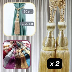 1 PAAR LUXE GORDIJNHOUDERS/EMBRASSES GORDIJN, GORDIJNKOORD om te Knopen, Lengte 50CM, Lengte FLOCHE/TASSEL 30CM, Kleur GOUD