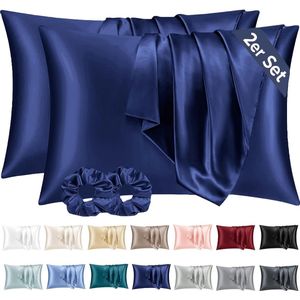 Set van 2 satijnen kussenslopen, 40 x 80 cm, donkerblauw, zacht, vergelijkbaar met zijden kussensloop, 40 x 80, Premiun hoofdkussensloop, 40 x 80 cm, kussenslopen voor haar en huid, met 2