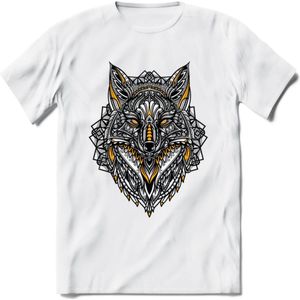 Vos - Dieren Mandala T-Shirt | Geel | Grappig Verjaardag Zentangle Dierenkop Cadeau Shirt | Dames - Heren - Unisex | Wildlife Tshirt Kleding Kado | - Wit - M