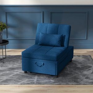 Pugsdrly 3-in-1 klapstoel met zijvak, logeerbed met kussen, verstelbare rugleuning, bedfauteuil met wieltjes, blauw