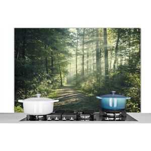 Spatscherm keuken 120x80 cm - Kookplaat achterwand Bos - Pad - Zon - Bomen - Groen - Natuur - Muurbeschermer - Spatwand fornuis - Hoogwaardig aluminium