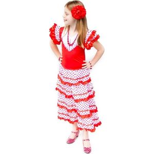 Spaanse Flamenco jurk - Rood/Wit - Maat 104/110 (6) - Verkleed jurk meisje prinsessenjurk verkleedkleren meisje