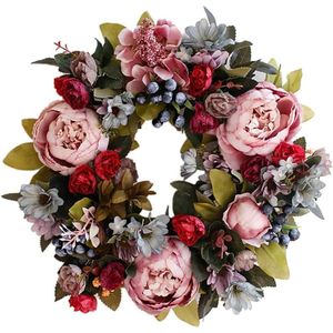 Voordeur krans - 14 inch kunstmatige pioenroos bloemkrans - 35 cm handgemaakte bloemenslinger - lente zomer krans met hortensia bessen - thuis feest decoratie - natuurlijk