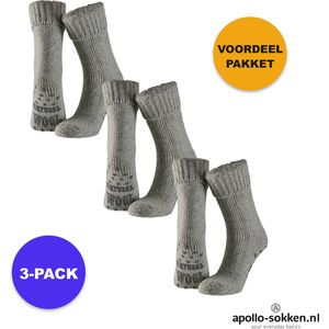 Apollo - Wollen Huissokken Unisex - 3-Pack Voordeel - Grijs - Maat 35/38 - Huissokken - Wintersokken antislip