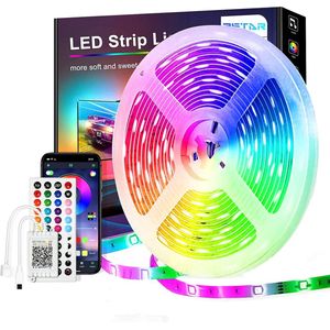 15M LED Strip, PSTAR Bluetooth RGB LED Strip Verlichting App Controle Flexibele Smart Led Strip, RGB Kleurverandering Muziek Timing Led Strip Licht, ideaal voor woondecoratie, sfeerverlichting [Energieklasse F]