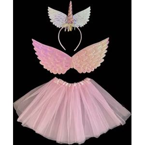 Unicorn Outfit - One Size - Luxe Outfit met Vleugels, Haarband en Rok - One Size 2 tot 6 jaar - Unicorn Verkleed Outfit - Carnval & Rollenspel - Unicorn / Paarden / Pony's - Roze Glitter Outfit - Unicorn Prinsessen Kleding - Verkleden & Spelen