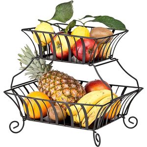 Chefarone Etagère - Fruit Etagère 2 Laags - Fruitmand Metaal - Fruitschaal - Groentemand - Opberger - Zwart