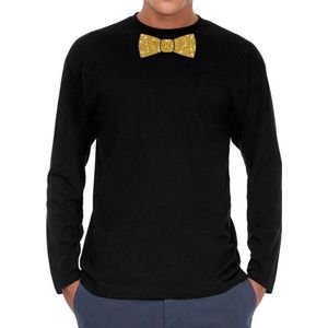 Zwart long sleeve t-shirt met vlinderdas in glitter goud heren - zwart shirt met lange mouwen en gouden strik das voor heren XXL