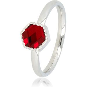 My Bendel Ring zilverkleurig met rode vintage glassteen hexa - Zilverkleurige ring met donkerrode glassteen - Met luxe cadeauverpakking