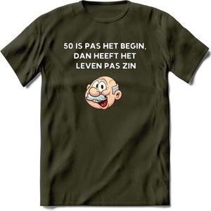 50 is pas het begin T-Shirt | Grappig Abraham 50 Jaar Verjaardag Kleding Cadeau | Dames – Heren - Leger Groen - S