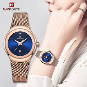 NAVIFORCE horloge met rose gouden metalen polsband, blauwe wijzerplaat en rose gouden horlogekast voor dames met stijl ( model 5004 RGBE )