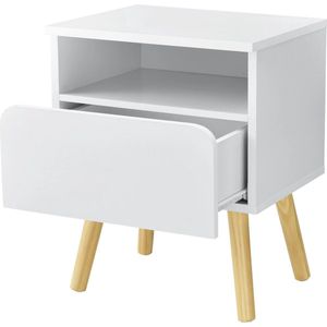 In And OutdoorMatch Nachtkastje Sallie - Met Lade - 50x40x34 cm - Wit en Hout - Spaanplaat en Grenen - Modern Design