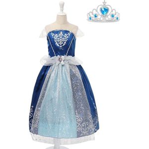 Assepoester jurk Sprookjes jurk Prinsessen jurk verkleedjurk 128-134 (140) donker blauw met kroon meisje