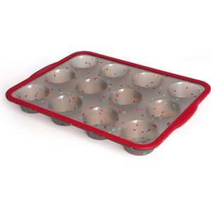 Goodivery ® 12 muffinvormpjes van siliconen met versterkt roestvrijstalen frame aan de binnenkant, met anti-aanbaklaag en cupcake-bakvorm, 12 gaten, muffinvorm, BPA-vrij, vaatwasmachinebestendig (rood doorschijnend grijs)