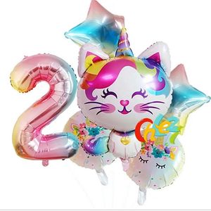 Eenhoorn Ballonnen Set - 2 Jaar - 6 Stuks - Kinder Verjaardag - Thema Feest Unicorn - Eenhoorn Kinderfeestje - Feestversiering / Verjaardag Ballonnen - Kat - Meisjes Versiering - Roze Ballon - Witte ballon - Multi colors - Regenboog - Helium