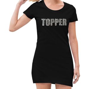 Glitter Topper jurkje zwart met steentjes/ rhinestones voor dames - Glitter kleding/ foute party outfit M