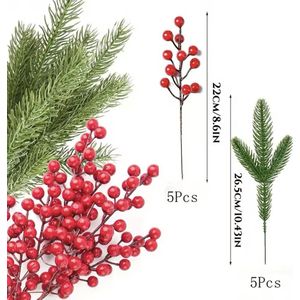 Kersttak - Set van 10 - Decoratie Kerst - Groen met Rode besjes - Kerstkrans - Kunst Dennentak - Kerststuk DIY