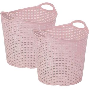 Plasticforte Gevlochten wasmand/opbergmand - 2x - flexibel - roze - 27 liter - rond - kunststof - 40 x 37 cm