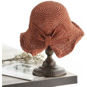 ASTRADAVI Straw Bucket Hat - Zonnehoedje Grote Rand en Verstelbaar - Strooien Hoeden met Strik voor Dames - Oranje