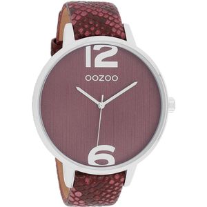 OOZOO Timepieces - Zilverkleurige horloge met bordeaux rode leren band - C9241