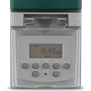 Digitale tijdschakelaar met countdown en toevalsfunctie voor buiten IP44 - Grijs-groen met kinderbeveiliging - Tuin Timer Tijdschakelaar