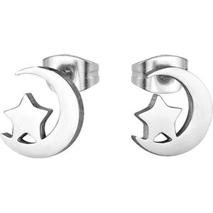 Fako Bijoux® - Oorbellen - Steker - RVS - Stainless Steel - Halve Maan Met Ster