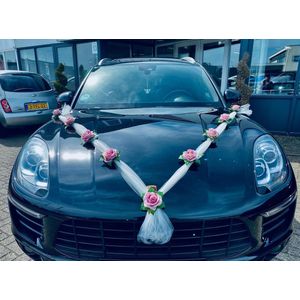 BELEN Auto Versiering Bruiloft - Trouwauto Decoratie - Autodecoratie - Rozen & Tule - Motorkap Versiering - Autobloemstuk Bruiloft - Bloemen voor op de Motorkap Bloemen voor op de Bruidsauto - Tule Lint met 9 Rozen - Autolinten met Rozen AUTODECO.NL