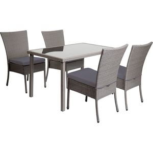 Poly-rattan set MCW-G19, zitgroep balkon/lounge set, 4x stoel+tafel, 120x75cm ~ grijs, donkergrijze kussens