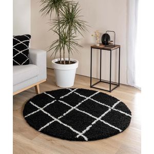 Rond hoogpolig vloerkleed ruiten Artisan - zwart/wit 300 cm rond