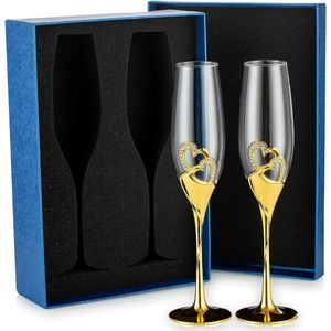 2 Stuk Creatieve Champagne Glas Set Met Geschenkdoos Bruiloft Kristal Hartvormige Champagne Fluiten, Roosteren Fluit Bril Met Strass Rimmed Harten Decor Voor Bruiloft Verjaardag Feest