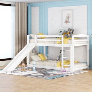 Stapelbed voor kinderen en tieners, kinderbed met glijbaan, massief houten frame, eenvoudige montage, 90x200cm, wit