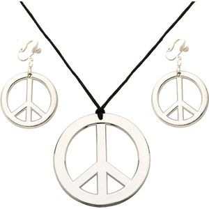 Widmann Hippie Flower Power Sixties sieraden set ketting met oorbellen peace tekens