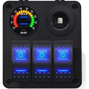 ProRide Schakelpaneel 12V voor Auto/Boot - USB Lader 2 Poorten met Sigaretten stopcontact - QC3.0 - 3 schakelaars